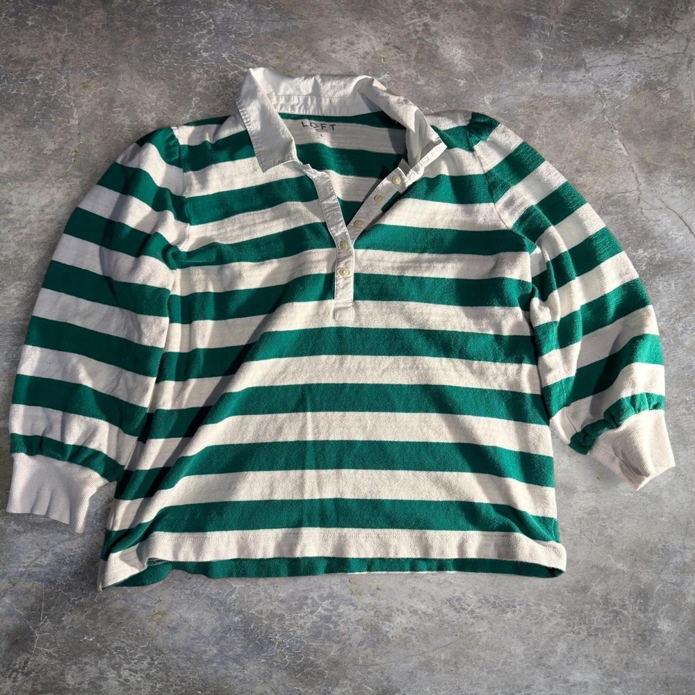 LOFT Green & White Striped Rugby Polo Sweatshirt Women's Large